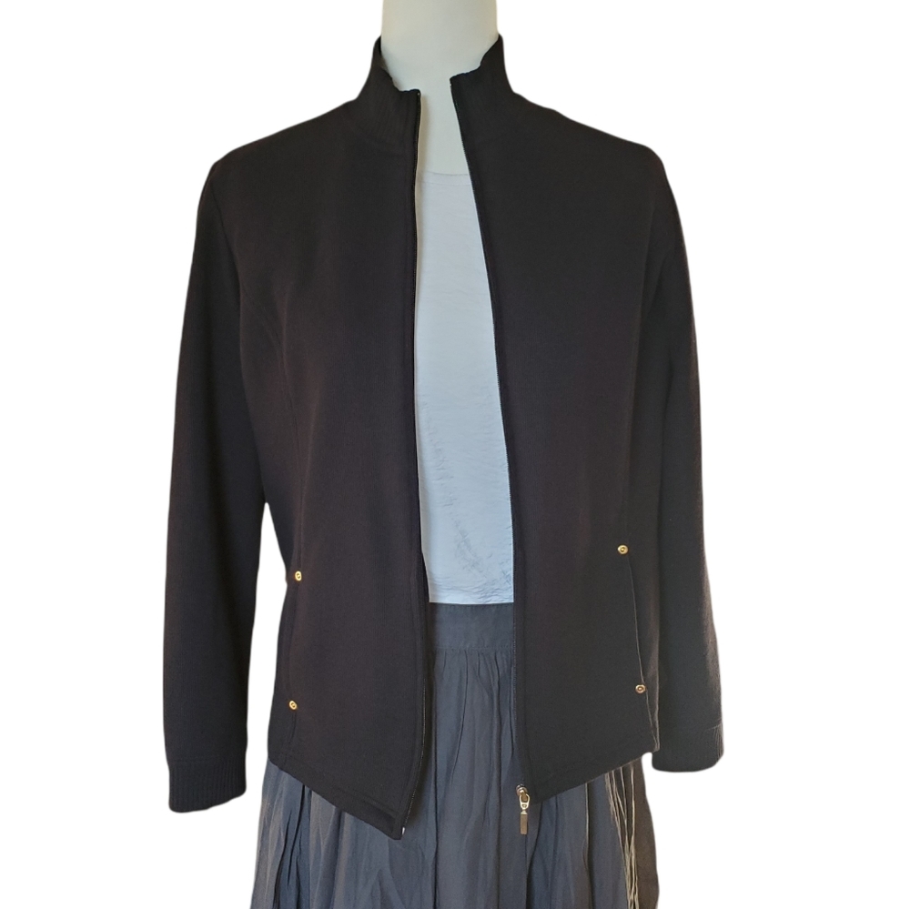 Full Zip, Cotton Blend Sweater-Jacket Ebony Black Small
